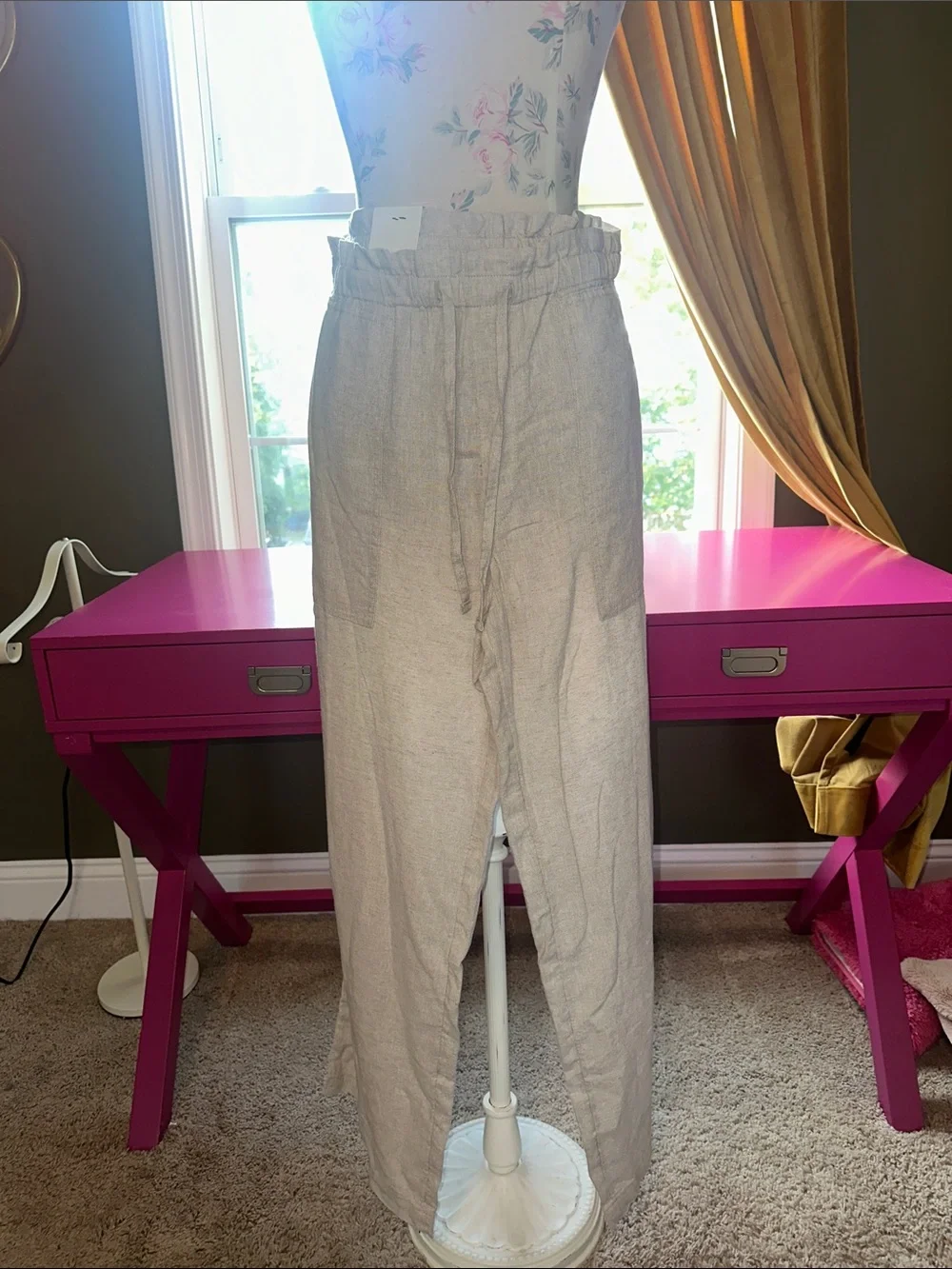 Banana Republic Beige Wide-Leg Linen-Blend Paperbag Waist Pants
